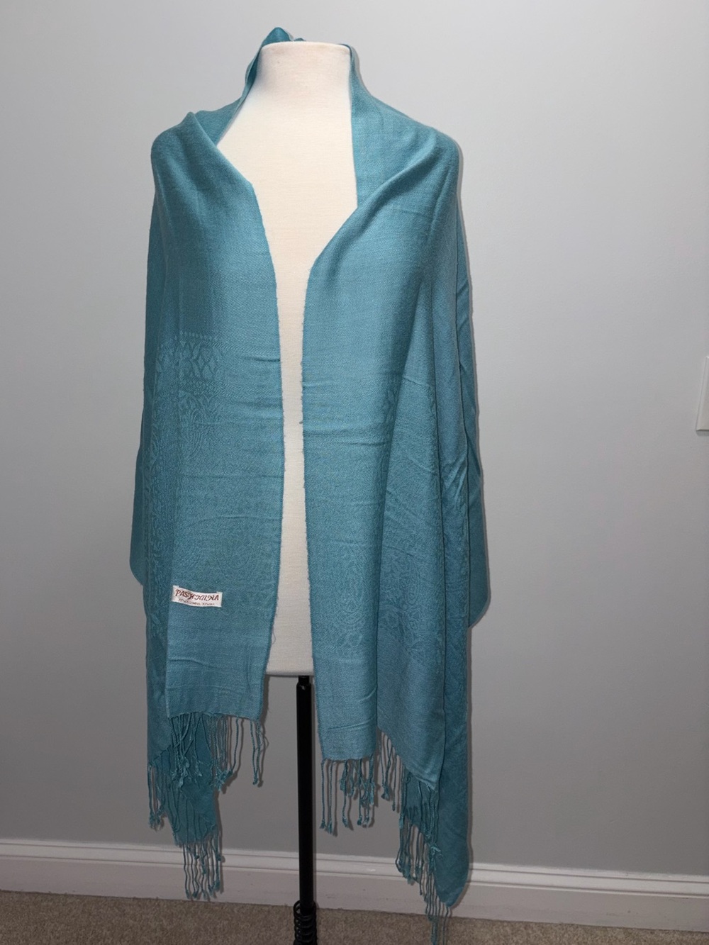 Pashmina silk shawl wrap teal blue long fringe 75x26